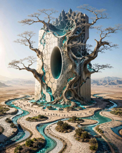 Heller monumentaler Turm mit ovaler Öffnung erhebt sich aus einer weiten Wüstenlandschaft. Verdrehte kahle Bäume wachsen aus der Struktur und umschlingen sie wie lebendige Skulpturen. Türkisfarbene Wasserkanäle ziehen sich labyrinthartig durch den hellen Boden. Auf der Spitze des Bauwerks liegt eine zerklüftete Berglandschaft wie eine eigene Welt. Die Komposition wirkt zugleich archaisch, futuristisch und traumartig still.