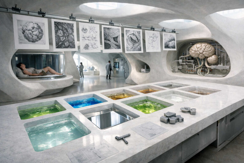 Heller futuristischer Innenraum mit organisch geschwungenen Wänden und eingelassenen Flüssigkeitsbecken in verschiedenen Farben. Zeichnungen biologischer Strukturen hängen von einer Schiene an der Decke. Im Hintergrund ist ein großes künstliches Gehirn mit technischen Leitungen verbunden. Die sterile Umgebung wirkt zugleich wissenschaftlich und surreal.