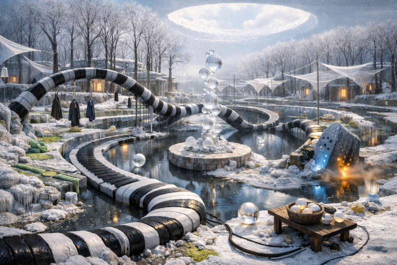 Eine verschneite Anlage aus schwarzen Röhren, spiegelnden Kugeln und gefrorenen Wasserbecken breitet sich unter grauem Himmel aus. In der Mitte erhebt sich eine Säule aus gläsernen Kugeln über einem runden Podest. Licht schimmert aus kleinen Gebäuden und vereisten Objekten. Das Bild wirkt wie eine experimentelle Traumlandschaft zwischen Technik und Ritual.