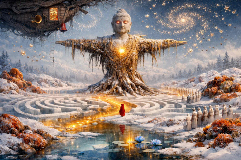 Eine gewaltige Buddha-Figur aus Holz und Wurzeln erhebt sich über einem verschneiten Labyrinth, durch das ein goldener Lichtstrom fließt. Kleine weiß gekleidete Menschen stehen schweigend am Rand der Szene. Über allem schwebt ein verwachsenes Baumhaus im nächtlichen Himmel voller Funken. Die Komposition verbindet Spiritualität, Märchenhaftigkeit und feierliche Ruhe.