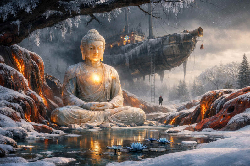 Gewaltige Buddha-Statue mit leuchtendem Herzen sitzt in einer verschneiten Landschaft an einem gefrorenen Fluss. Im Hintergrund schwebt ein geheimnisvolles luftschiffartiges Gebäude zwischen vereisten Bäumen. Orange glühende Felsen kontrastieren mit Schnee und kaltem Nebel. Die Atmosphäre wirkt ruhig, mystisch und traumartig.