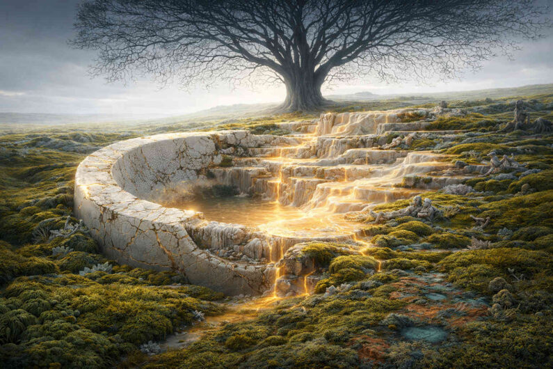 Gewaltiger kahler Baum erhebt sich über einer moosbedeckten Landschaft mit terrassenförmigen weißen Steinbecken. Goldene Lichtströme fließen wie flüssige Energie über die Stufen und sammeln sich in einem leuchtenden Wasserbecken. Kleine steinerne Figuren sitzen verstreut zwischen den Felsen. Die Szene wirkt still, uralt und zugleich von innerem Leben erfüllt.