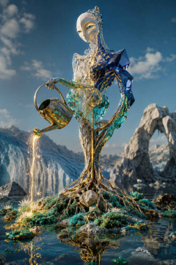 Eine elegante humanoide Gestalt aus transparentem Glas, Goldadern und türkisfarbenen Kristallstrukturen steht in einer felsigen Landschaft am Wasser. Aus einer metallischen Gießkanne fließt goldenes Licht wie flüssige Energie auf kleine weiße Blumen. Die Figur scheint zugleich Pflanze, Maschine und lebendes Wesen zu sein. Im Hintergrund erheben sich helle Felsformationen unter einem klaren blauen Himmel. Das Bild verbindet futuristische Ästhetik mit organischer Ruhe und leuchtenden Naturdetails.