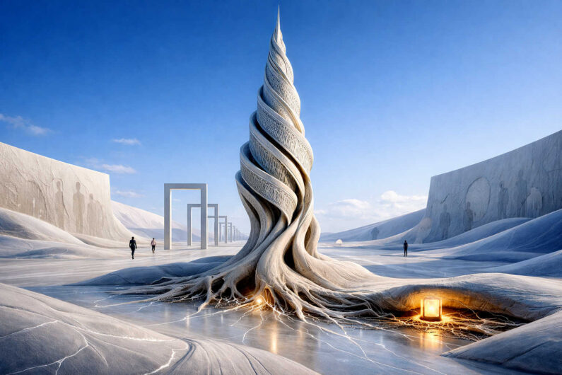 Eine spiralförmig gedrehte, baumartige Skulptur erhebt sich aus einer eisigen Ebene mit feinen leuchtenden Rissen. Im Hintergrund stehen geometrische Tore in einer stillen weißen Landschaft. Kleine menschliche Figuren verstärken die monumentale Wirkung der zentralen Form. Das Bild verbindet Kälte, Stille und futuristische Symbolik zu einer traumartigen Szenerie.