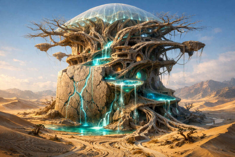 Fantastische Baumfestung inmitten einer sandigen Wüstenlandschaft, durchzogen von leuchtend türkisfarbenen Wasserläufen und gewaltigen Wurzeln. Über der organischen Architektur spannt sich eine transparente Kuppel, während kahle Äste weit in den Himmel ragen. Zwischen Felsen, Höhlen und Lichtadern entsteht der Eindruck einer uralten, lebenden Zivilisation. Die Szene verbindet Verfall, Natur und futuristische Energie in märchenhafter Stimmung.