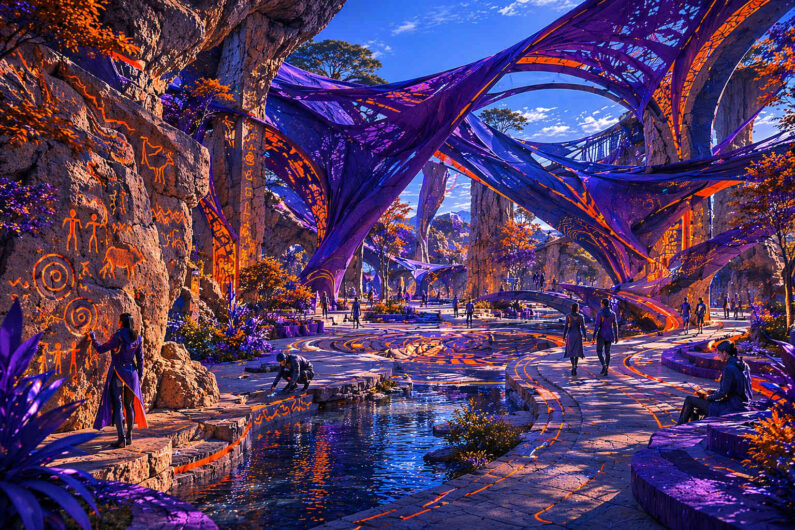 Futuristische Landschaft mit leuchtend violetten Stoff- und Brückenkonstruktionen zwischen steinernen Felsen und Wasserläufen. Orangefarbene Symbole und Linien glimmen auf Wegen und Felswänden, während Menschen durch die offene Anlage spazieren. Die Szene verbindet archaische Höhlenzeichen mit visionärer Architektur und intensivem Farbspiel aus Blau, Violett und Gold.