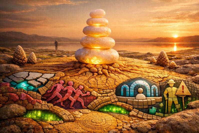 Surreales Bodenmosaik zeigt stilisierte Figuren, Tunnel und Warnsymbole unter einem Stapel glühender weißer Steine bei Sonnenuntergang. Rundherum liegen seltsame organische Formen und felsige Landschaften am Meer. Ein einsamer Mensch steht in der Ferne am Ufer. Das warme Licht lässt die eingegrabenen Muster wie eine uralte verschlüsselte Botschaft erscheinen.