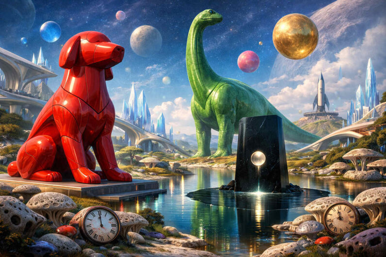 Farbenfrohe Science-Fiction-Landschaft mit riesigem grünem Dinosaurier und roter Hundeskulptur am Wasserufer. Zwischen futuristischen Brücken und Kristalltürmen schweben Planeten am Himmel. Schwarzer Monolith mit leuchtender Kugel spiegelt sich im Wasser. Uhren und pilzartige Formen verstärken die traumartige Atmosphäre.