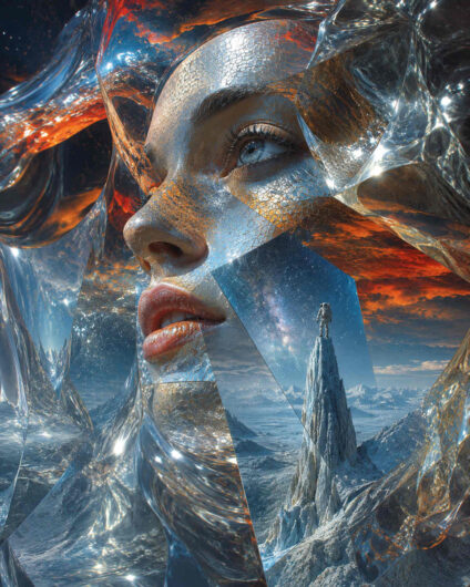 Nahaufnahme eines weiblichen Gesichts, überlagert von transparenten kristallinen Fragmenten. In den Spiegelungen erscheinen eisige Landschaften, ein winziger Astronaut und ein kosmischer Himmel. Orangefarbene Wolken kontrastieren mit kalten blauen und silbernen Flächen. Die Haut wirkt wie aus feinen Mosaikstrukturen und reflektierendem Material zusammengesetzt. Das Bild erzeugt den Eindruck einer zersplitterten Erinnerung zwischen Mensch und Universum.