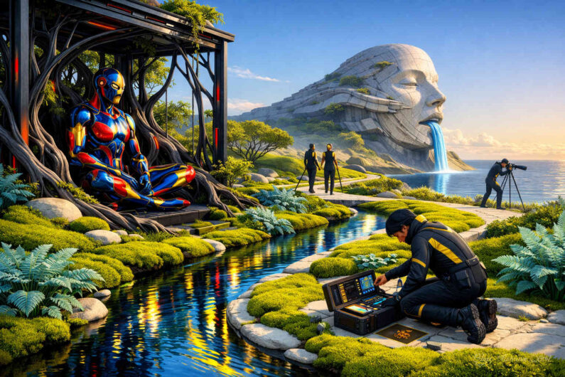 In einer üppigen futuristischen Gartenlandschaft sitzt ein farbenprächtiger Roboter meditierend unter einem pavillonartigen Bauwerk mit verwachsenen Wurzeln. Im Hintergrund ergießt sich Wasser aus dem Mund eines riesigen steinernen Gesichts am Meer. Menschen arbeiten mit technischen Geräten entlang eines spiegelnden Wasserkanals. Die Szene verbindet Spiritualität, Technologie und harmonische Naturarchitektur.