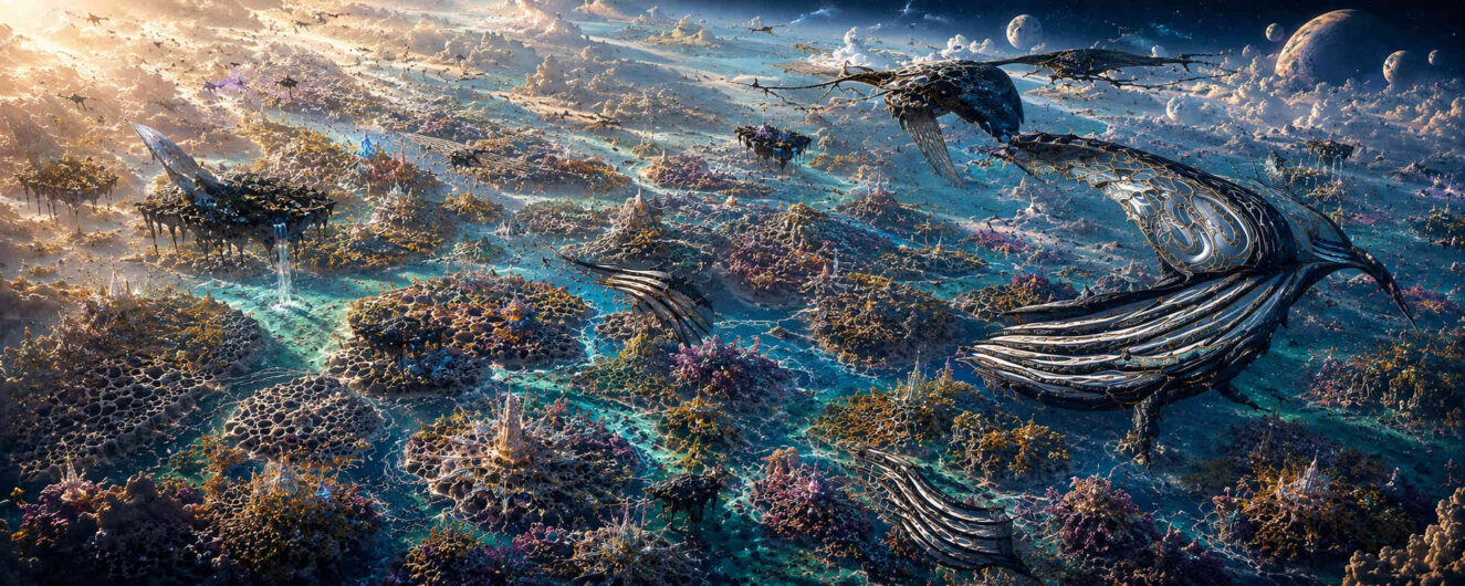Panoramische Ansicht einer fremden Welt mit walähnlichen Flugwesen, schwebenden Inseln und verzweigten Wasserkanälen. Korallenartige Strukturen bedecken die Oberfläche. Im Hintergrund ziehen Planeten durch den Himmel. Die Landschaft verbindet biologische Formen mit futuristischen Mustern.