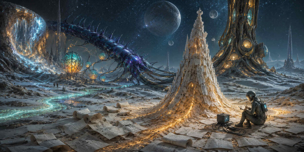 Ein einsamer Forscher sitzt auf einer fremdartigen Ebene und untersucht Dokumente, die um einen leuchtenden Turm verstreut liegen. Riesige organische Strukturen und kristallartige Architektur ragen in den Nachthimmel. Mehrere Planeten schweben über der Landschaft. Goldene Lichtadern verbinden den Turm mit dem Boden. Das Bild verbindet Wissenschaft, Archäologie und außerirdische Fantasie.