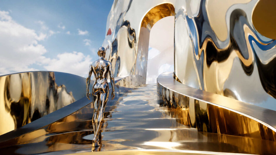 Spiegelnde humanoide Figur schreitet über eine glänzende Treppe auf eine große Öffnung in einer futuristischen Architektur zu. Goldene und silberne Reflexionen verwandeln Wände und Boden in flüssig wirkende Oberflächen. Die Komposition erzeugt einen Eindruck von Ruhe, Eleganz und Übergang. Das Bild erinnert an eine Reise in einen unbekannten Raum jenseits des Sichtbaren.