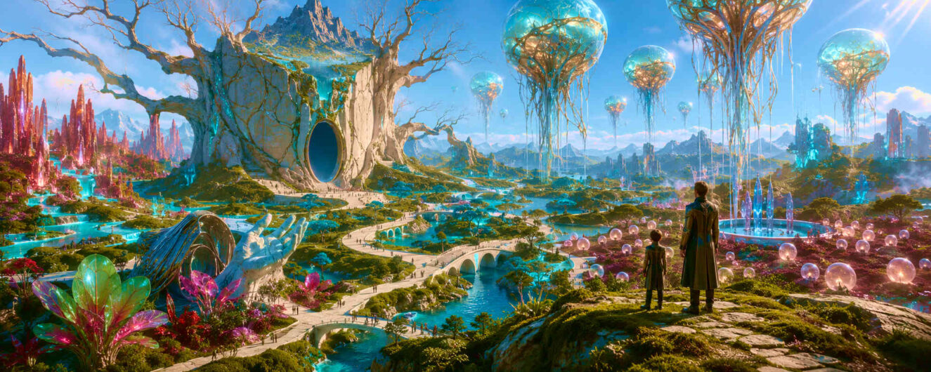 Zwei Personen stehen auf einem Hügel und blicken über eine farbenprächtige futuristische Welt. Flüsse, Brücken und fremdartige Bauwerke durchziehen die Landschaft. Schwebende Pflanzenstrukturen und kristalline Formen prägen das Panorama. Helle Türkis-, Blau- und Rosatöne erzeugen eine optimistische Atmosphäre. Das Bild vermittelt Entdeckung, Staunen und Aufbruch.