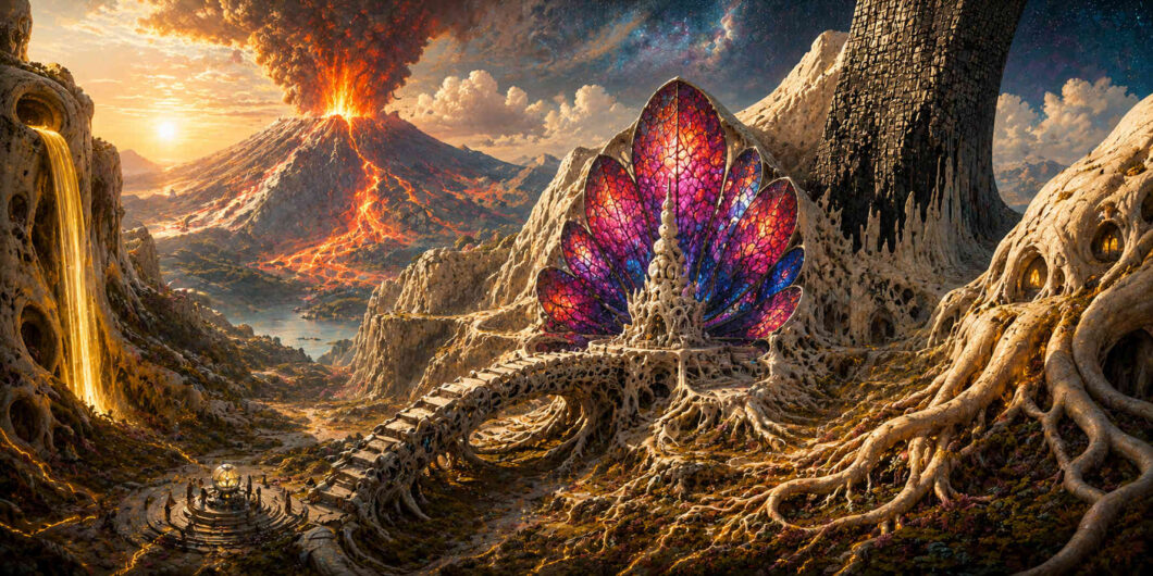 Organisch gewachsene Architektur umgibt eine farbenprächtige kristalline Blüte in einer Gebirgslandschaft. Ein Vulkan speit Lava und Asche in den Himmel. Wurzelartige Strukturen verbinden Gebäude, Wege und Höhlen miteinander. Goldene Wasserfälle und leuchtende Farben verleihen der Szene märchenhafte Größe.