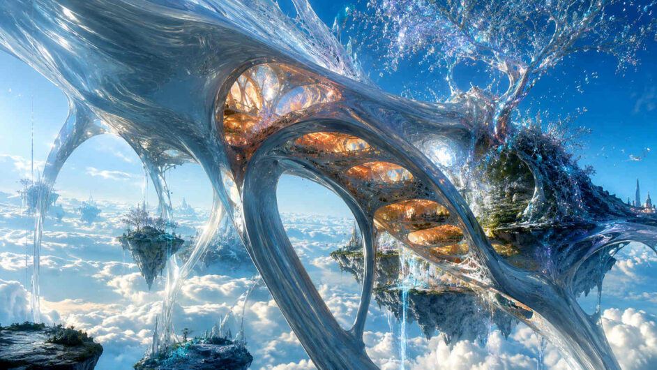 Organisch geformte Architektur verbindet mehrere schwebende Inseln hoch über einem Wolkenmeer. Transparente Bögen und lichtdurchflutete Innenräume erinnern an lebende Strukturen. Wasserfälle stürzen von den Inseln in die Tiefe und verstärken den Eindruck einer himmlischen Landschaft. Das Bild verbindet Natur, Fantasie und futuristische Baukunst.