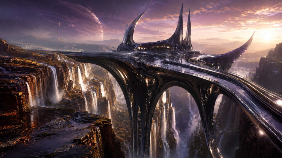 Futuristische Bauwerke erheben sich über einer gewaltigen Schlucht mit zahlreichen Wasserfällen. Elegante geschwungene Formen verbinden die Felsplateaus zu einer monumentalen Struktur. Im Hintergrund dominiert ein großer Planet den Himmel der fremden Welt. Die Szene vereint technische Raffinesse und beeindruckende Naturkulissen.