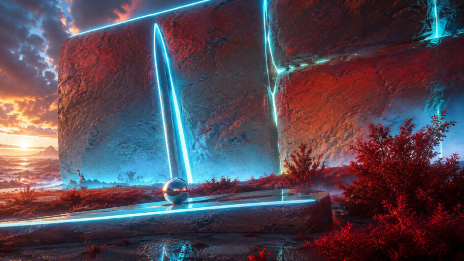 Gewaltige rote Monolithen ragen aus einer surrealen Landschaft auf. Leuchtend blaue Linien verlaufen entlang ihrer Kanten und Spalten und erzeugen den Eindruck einer verborgenen Energie. Im Vordergrund liegt eine spiegelnde Metallkugel auf einer niedrigen Plattform. Die Szene verbindet monumentale Architektur mit futuristischer Mystik und starken Farbkontrasten.