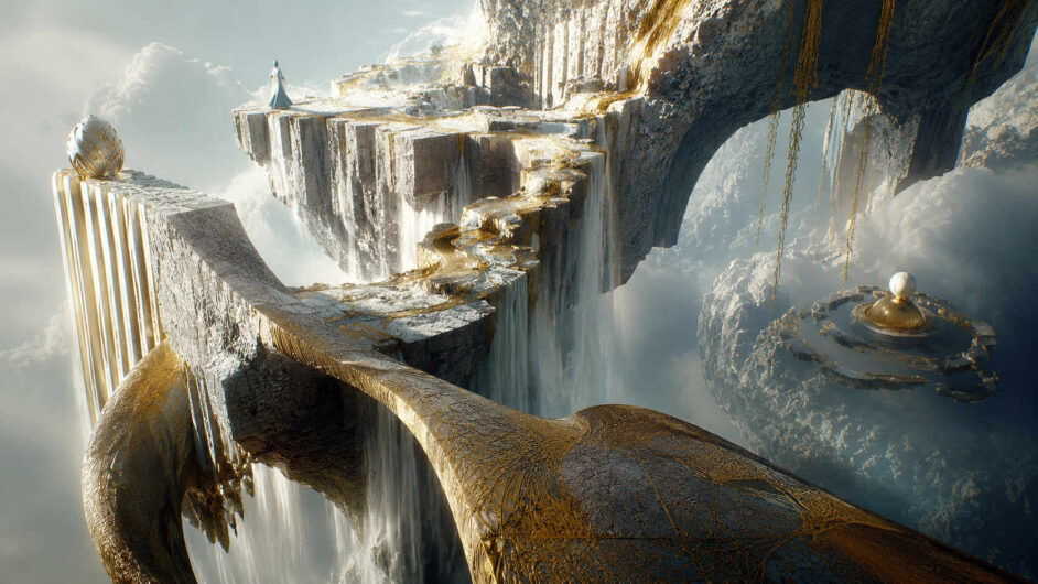 Ein geschwungener Weg führt über gigantische schwebende Felsplattformen, von denen Wasserfälle in die Tiefe stürzen. Goldene Linien durchziehen die Oberfläche der Bauwerke wie feine Adern. Vereinzelte kugelförmige Monumente stehen auf abgelegenen Plattformen. Die Szene vermittelt den Eindruck eines uralten Himmelsheiligtums.