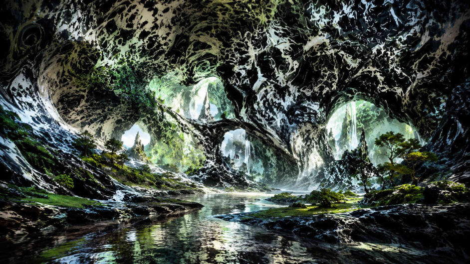 Riesige schwarz-weiße Felsgewölbe überspannen eine Landschaft mit Wasserläufen, Bäumen und kleinen Felsinseln. Die Höhlendecke erinnert an abstrakte Tuschemalerei, während Tageslicht durch große Öffnungen einfällt. Wasserfälle verbinden die verschiedenen Bereiche miteinander. Die Szene wirkt zugleich natürlich und surreal.