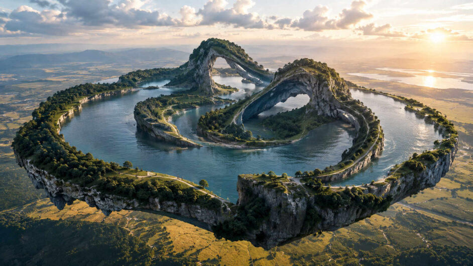 Eine riesige ringförmige Felsinsel schwebt hoch über einer weiten Landschaft. Innerhalb des Rings liegen Seen, bewaldete Hügel und zwei markante Felsbögen. Wege folgen den Kurven der Formation und verbinden die verschiedenen Bereiche. Das Bild wirkt wie eine gigantische natürliche Skulptur zwischen Himmel und Erde.