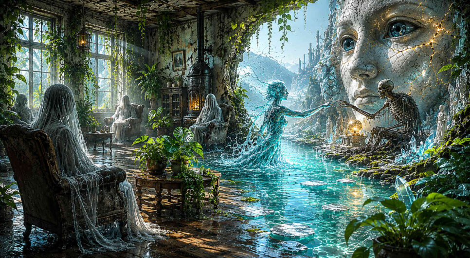 Ein überwucherter Raum mit alten Sesseln öffnet sich zu einer fantastischen Wasserlandschaft. Durchscheinende Gestalten sitzen schweigend im Halbdunkel. Im Zentrum begegnen sich ein skelettartiges Wesen und eine leuchtende Figur über einer goldenen Kugel. Pflanzen, Kristalle und Wasserflächen verschmelzen Innenraum und Außenwelt. Die Atmosphäre erinnert an einen Traum zwischen Verfall und Neubeginn.