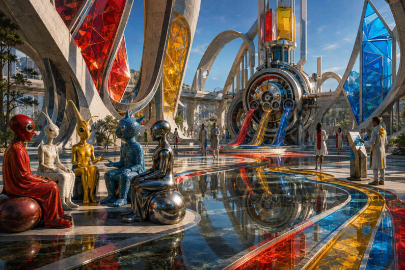 Vier verschiedenfarbige außerirdische Wesen sitzen im Gespräch auf glänzenden Kugeln. Hinter ihnen erhebt sich eine futuristische Architektur aus Bögen, Kristallen und Maschinen. Farbige Energieflüsse durchziehen die Anlage und spiegeln sich im Boden. Menschen bewegen sich zwischen den monumentalen Bauwerken. Das Bild vermittelt Austausch, Technologie und kulturelle Vielfalt.
