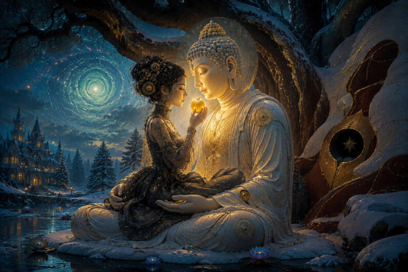 Eine junge Frau hält einem strahlenden Buddha einen leuchtenden goldenen Apfel entgegen. Beide sitzen unter einem mächtigen Baum in einer verschneiten Nachtlandschaft. Im Hintergrund spiegeln sich Lichter eines Schlosses im Wasser. Über ihnen wirbelt ein kosmischer Lichtkreis am Himmel. Das Bild verbindet Märchen, Spiritualität und stille Verbundenheit.