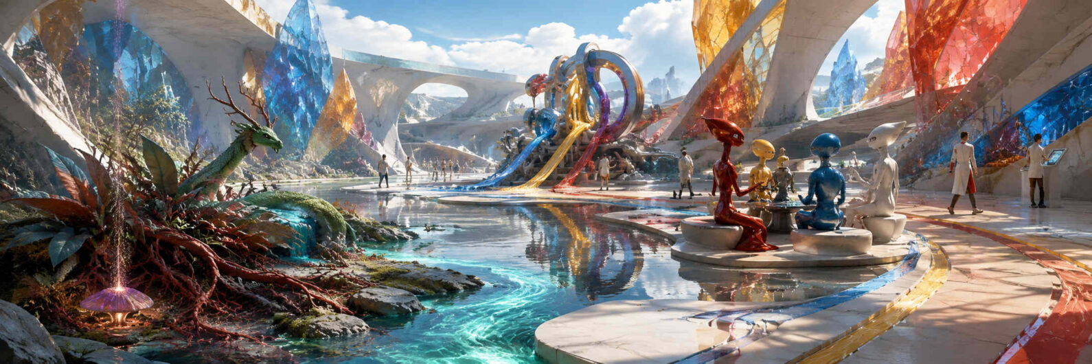 Futuristischer Platz mit kristallinen Formationen, Wasserläufen und organischer Vegetation. Mehrere farbige humanoide Figuren sitzen zusammen und scheinen zu kommunizieren. Im Hintergrund stehen Wissenschaftler und Besucher zwischen technischen Anlagen. Ein grüner drachenähnlicher Organismus wächst aus einem bepflanzten Bereich hervor. Die Architektur wirkt offen, hell und visionär.