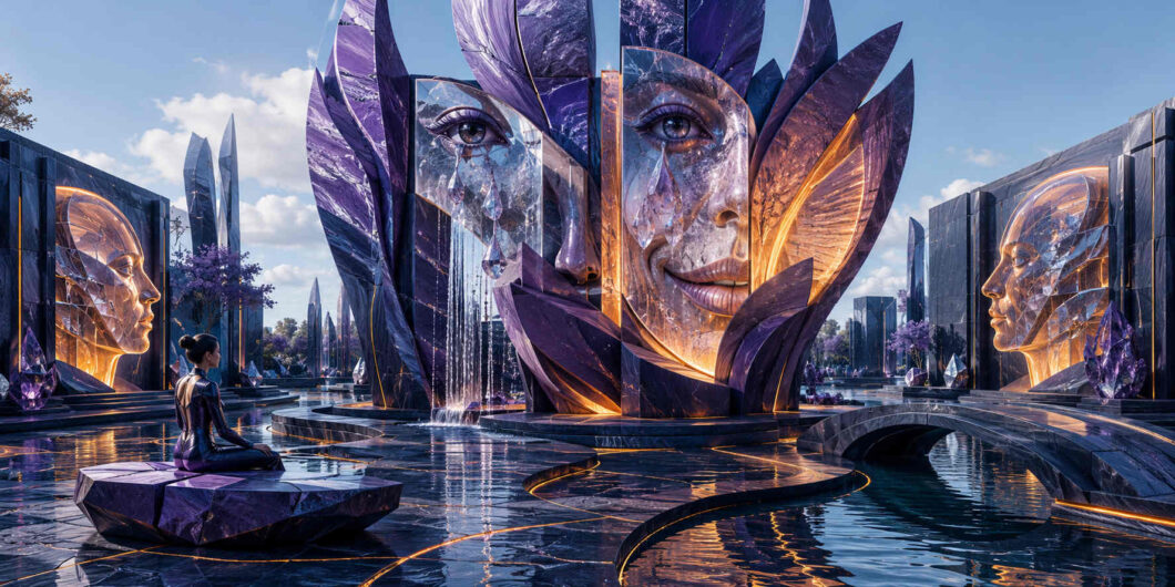 Monumentale kristalline Gesichter erheben sich aus einer eleganten Parkanlage mit Wasserbecken und Brücken. Die violetten und goldenen Strukturen reflektieren Licht wie geschliffene Edelsteine. Eine einzelne Person sitzt meditierend auf einer Plattform im Vordergrund. Spiegelungen ziehen sich durch die ruhige Wasserlandschaft. Die Szene wirkt zugleich futuristisch, harmonisch und kontemplativ.