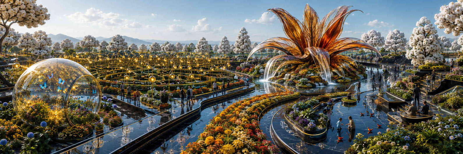 Weitläufiger Park mit labyrinthartigen Blumenbeeten und spiegelnden Wasserflächen. Eine riesige bernsteinfarbene Blüte erhebt sich über mehreren Kaskaden. Besucher flanieren zwischen farbenprächtigen Pflanzungen und leuchtenden Kugeln. Die Landschaft verbindet futuristische Gestaltung mit botanischer Fantasie.