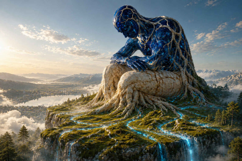Gigantische blau leuchtende Figur sitzt nachdenklich auf einem Bergplateau. Wurzelartige Strukturen verbinden den Körper mit der Landschaft. Leuchtende Wasserläufe fließen über Felsen und stürzen als Wasserfälle in die Tiefe. Die friedliche Szene verbindet Mensch, Natur und kosmische Dimensionen.