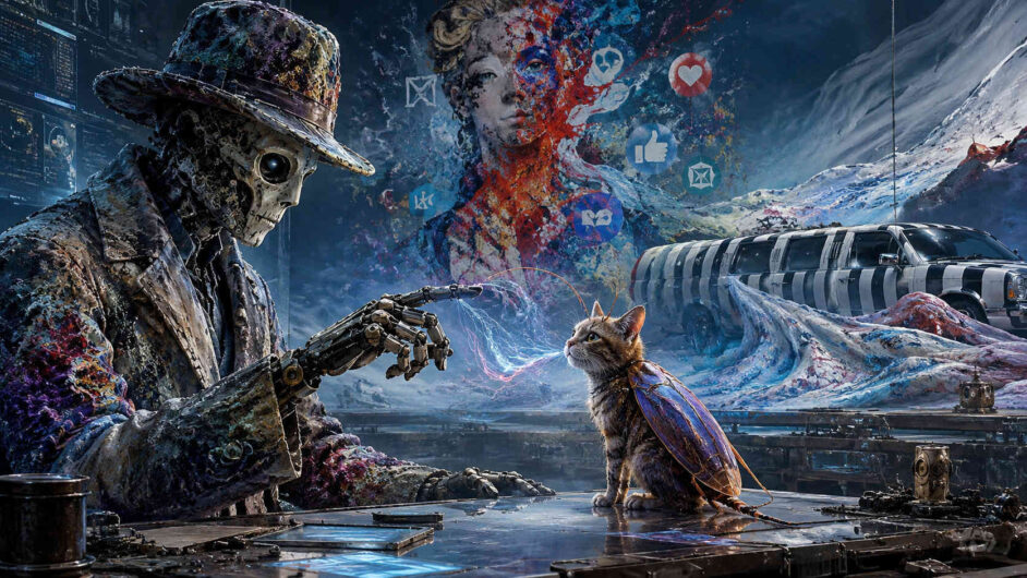 Skelettartiger Roboter mit Hut sitzt an einem Tisch und berührt eine Katze mit schimmernden Flügeln. Im Hintergrund erscheinen digitale Symbole, eine menschliche Gestalt und eine futuristische Landschaft mit Fahrzeugen. Elektrische Energie verbindet die beiden Hauptfiguren in der Bildmitte. Die Szene thematisiert die Begegnung von Technik, Bewusstsein und Fantasie.