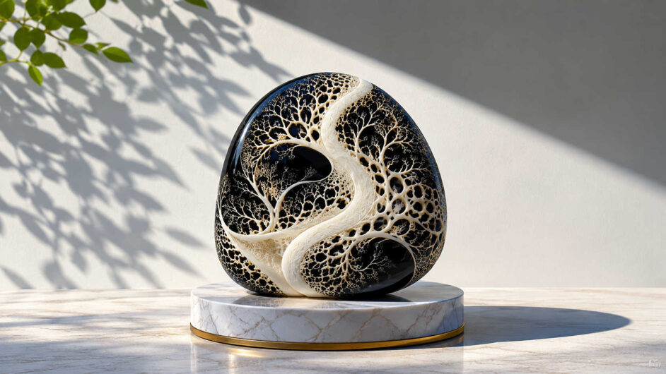 Polierte schwarz-weiße Skulptur in eiförmiger Gestalt steht auf einem runden Sockel. Feine, baumartige Verzweigungen durchziehen die Oberfläche und bilden ein harmonisches Yin-und-Yang-Motiv. Licht und Schatten lassen die filigranen Strukturen besonders plastisch erscheinen. Das Objekt wirkt wie eine Verbindung aus Naturprinzip, Designkunst und Symbolik.