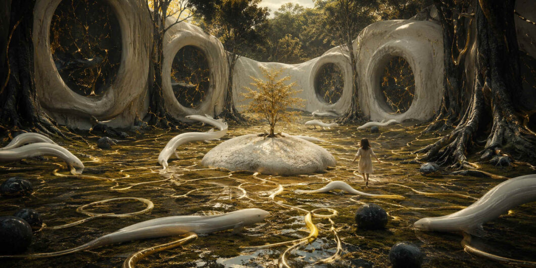 Surrealer Wald mit weißen, torartigen Baumstrukturen und einem kleinen goldenen Baum auf einem hellen Hügel. Glänzende wurmähnliche Wesen durchziehen den Boden wie lebende Lichtadern. Ein Mädchen nähert sich vorsichtig dem Zentrum der Szene. Die Atmosphäre wirkt märchenhaft, ruhig und geheimnisvoll.