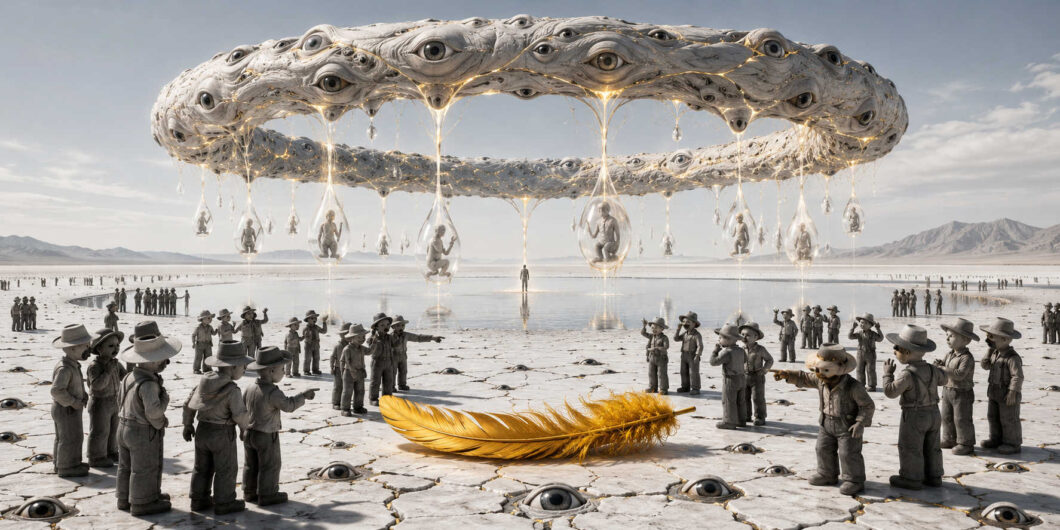 Auf einem ausgetrockneten weißen Boden liegt eine große goldene Feder, umgeben von zahlreichen kleinen Figuren. Über ihnen schwebt eine ringförmige Struktur voller Augen, aus der transparente Tropfen mit menschlichen Gestalten hängen. Die Landschaft wirkt weit und still. Monochrome Farben werden durch das Gold der Feder kontrastiert. Das Bild erinnert an eine surreale Allegorie über Beobachtung und Bedeutung.
