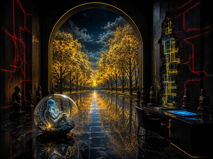 Dunkle futuristische Halle öffnet den Blick auf eine Allee aus leuchtenden goldenen Bäumen. Im Vordergrund sitzt eine transparente Figur in einer gläsernen Kugel. Rote und blaue Lichtlinien verlaufen entlang der Wände und technischer Strukturen. Spiegelungen auf dem Boden verstärken die symmetrische Wirkung der Szene.