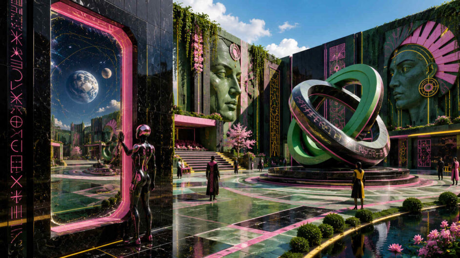Futuristischer Platz mit monumentalen Gesichtern, geometrischen Skulpturen und leuchtenden Portalen. Menschen bewegen sich zwischen glänzenden schwarzen Fassaden und rosa Akzenten. Im Hintergrund sind planetare Motive sichtbar. Die Architektur vermittelt den Eindruck einer hochentwickelten Zivilisation.