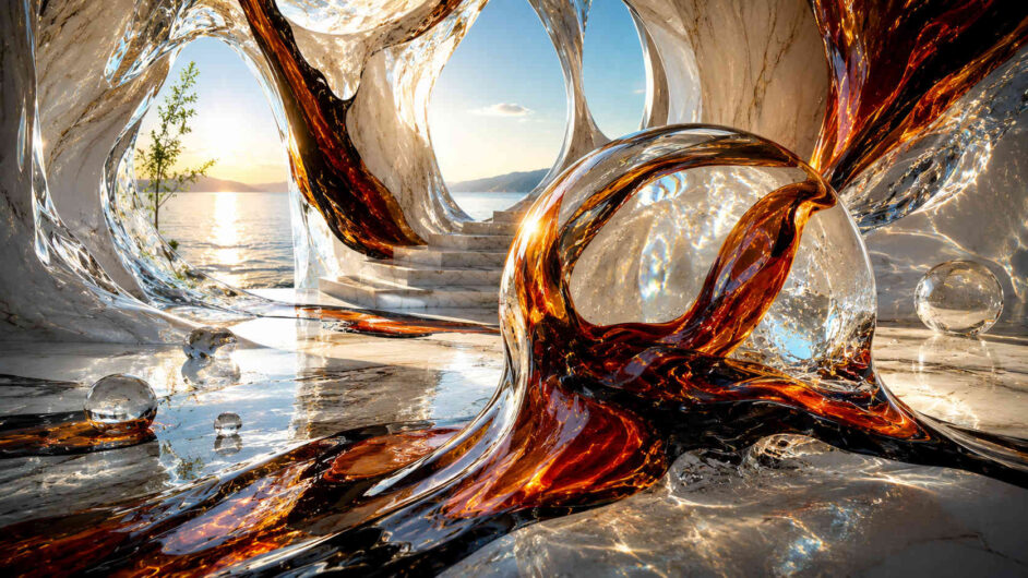 Transparente Kugeln und fließende bernsteinfarbene Strukturen durchziehen einen lichtdurchfluteten Innenraum am Wasser. Reflexionen tanzen über Böden und Wände und erzeugen ein Spiel aus Licht und Farbe. Geschwungene Öffnungen geben den Blick auf Meer und Horizont frei. Die Szene wirkt wie eine begehbare Skulptur aus Glas und Licht.