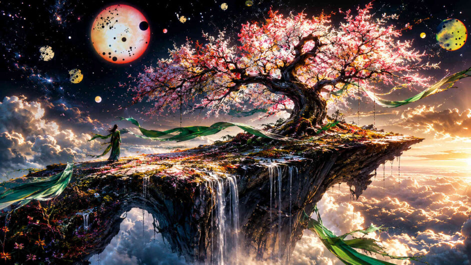 Auf einer schwebenden Felseninsel wächst ein mächtiger blühender Baum unter einem Himmel voller Planeten und Sterne. Wasserfälle stürzen von den Rändern der Insel in die Wolkenwelt darunter. Eine Gestalt mit wehenden grünen Bändern steht nahe dem Baum und blickt in die Ferne. Das Bild verbindet kosmische Fantasie mit märchenhaften Elementen.