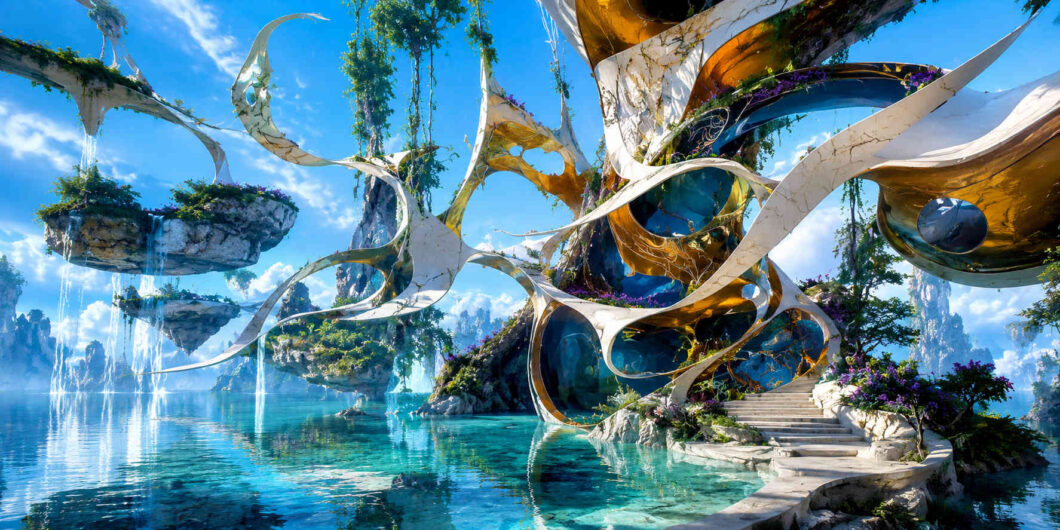 Organische Architektur aus weißen und goldenen Bögen verbindet sich mit schwebenden Felsinseln über einem türkisfarbenen Gewässer. Wasserfälle fließen von den Inseln herab und verschwinden im See darunter. Pflanzen und Blüten wachsen direkt aus den architektonischen Strukturen heraus. Die Szenerie wirkt wie eine friedliche Verbindung von Natur und futuristischer Gestaltung.