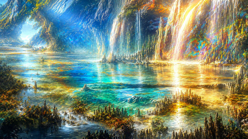 Weitläufige Höhle mit kristallklarem Wasser, farbenprächtigen Reflexionen und zahlreichen Wasserfällen. Goldene und blaue Lichtflächen spiegeln sich auf der ruhigen Oberfläche. Stalagmitenartige Formationen ragen aus dem Wasser hervor. Die Szenerie wirkt wie ein paradiesischer Ort jenseits der bekannten Welt.