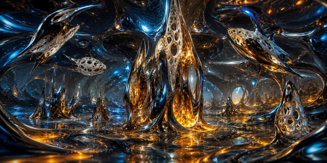 Futuristische Landschaft aus spiegelnden blauen und goldenen Strukturen, die wie geschmolzenes Metall wirken. Organische Türme und schwebende Gebilde wachsen aus einer glänzenden Oberfläche. Licht reflektiert sich in zahllosen Rundungen und Öffnungen. Die Szene erinnert an eine fremdartige technische Traumwelt.