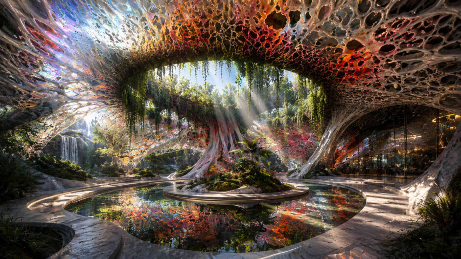 Organisch wirkende Architektur spannt sich wie ein farbiges Gewebe über eine Gartenlandschaft mit Wasserbecken. Sonnenstrahlen fallen durch die offenen Strukturen und beleuchten Pflanzen, Bäume und reflektierende Flächen. Die Formen wirken zugleich biologisch und künstlich erschaffen. Die Anlage erinnert an einen futuristischen Tempel der Natur.