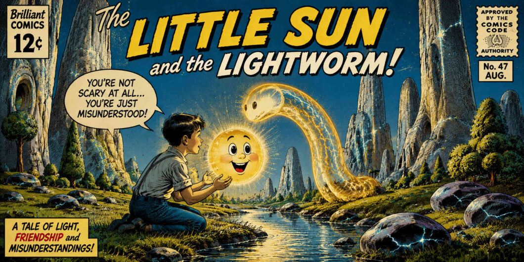 Comicartige Fantasieszene mit einem Jungen, einer lächelnden kleinen Sonne und einem leuchtenden Lichtwurm. Die Figuren begegnen sich an einem Bach zwischen hohen Felsformationen. Der Stil erinnert an klassische Comic-Hefte der 1950er Jahre. Freundschaft und Staunen stehen im Mittelpunkt des Bildes.