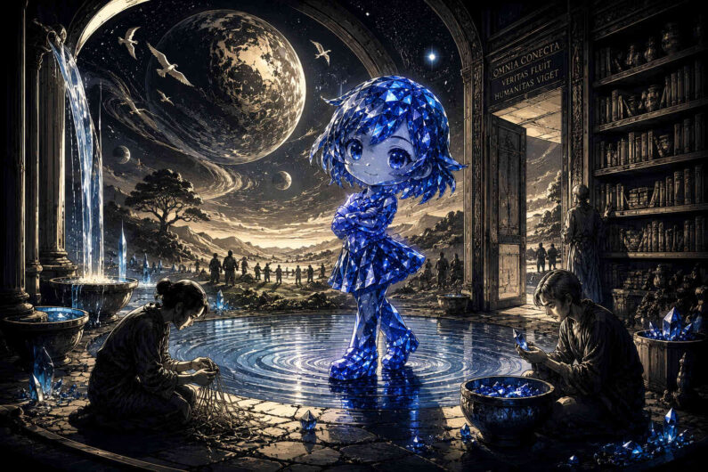 Blau schimmernde kristalline Figur steht in einem reflektierenden Wasserbecken innerhalb einer monumentalen Bibliothek. Menschen arbeiten an Kristallen und beobachten die Erscheinung. Durch große Bögen öffnet sich der Blick auf Planeten und eine fantastische Landschaft. Das Bild vermittelt Wissen, Magie und Verbundenheit zwischen Welten.