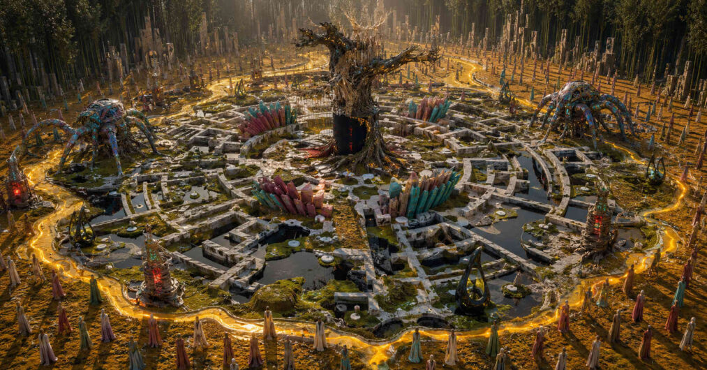 Ein riesiges kreisförmiges Labyrinth breitet sich in einer Landschaft voller Wasserbecken und goldener Lichtadern aus. In seinem Zentrum erhebt sich ein alter verdrehter Baum, umgeben von farbigen Kristallformationen. Zwei riesige spinnenartige Konstruktionen bewachen die Anlage von gegenüberliegenden Seiten. Zahlreiche kleine Gestalten stehen entlang eines leuchtenden Ringes. Die Szene erinnert an einen rituellen Ort aus einer vergessenen Zivilisation.