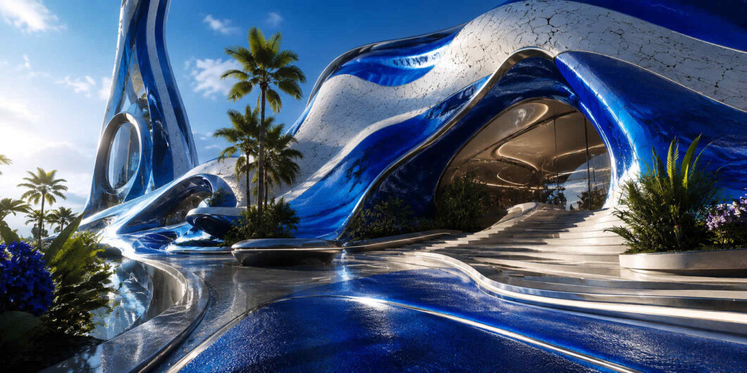 Futuristische Architektur mit geschwungenen blau-weißen Formen steht an einer sonnigen Küstenlandschaft mit Palmen. Große Glasflächen und reflektierende Oberflächen prägen das Gebäude. Wege und Treppen führen in weitläufige Innenräume. Die Anlage vermittelt Eleganz, Modernität und tropische Leichtigkeit.