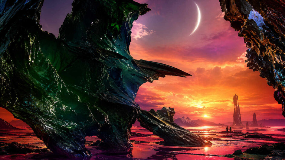Dunkle, glänzende Formation erhebt sich vor einem intensiv roten und violetten Himmel. Ein schmaler Mond steht über einer Landschaft aus Wasserflächen und fernen Felstürmen. Zwei kleine Figuren wandern durch die Szenerie und betonen die Größe der Umgebung. Das Bild wirkt zugleich fremdartig, majestätisch und friedlich.
