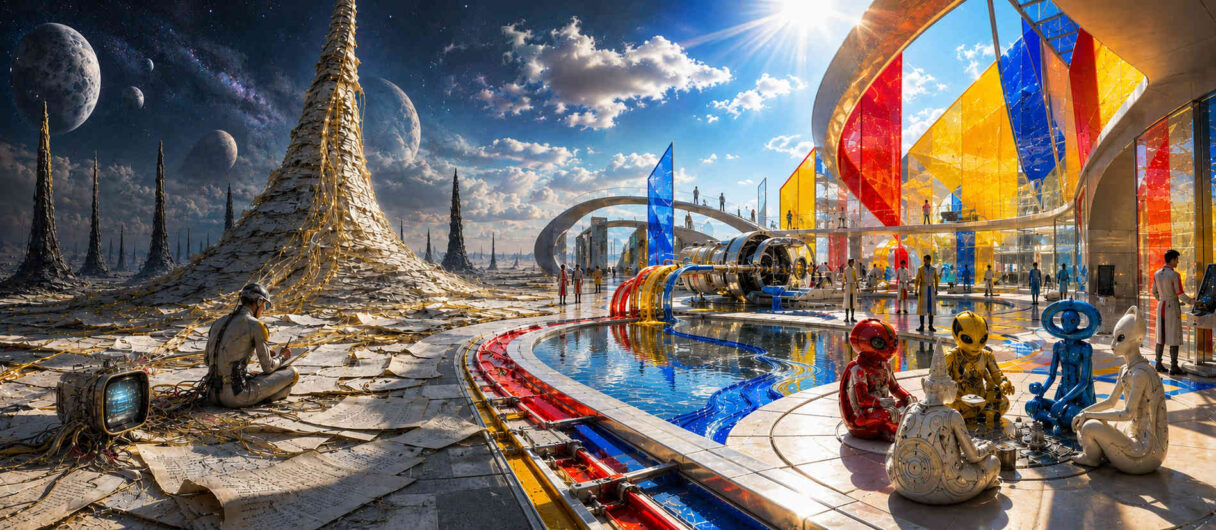 Eine futuristische Anlage voller Farben, Glasflächen und technischer Strukturen steht neben einer Landschaft aus aufgetürmten Dokumenten. Kleine humanoide Wesen sitzen gemeinsam an einem runden Tisch. Im Hintergrund ragt ein gewaltiger Turm aus Papier und Kabeln in den Himmel. Planeten und Sterne verleihen der Umgebung eine kosmische Dimension. Das Bild verbindet Wissenschaft, Fantasie und spielerische Zukunftsvisionen.
